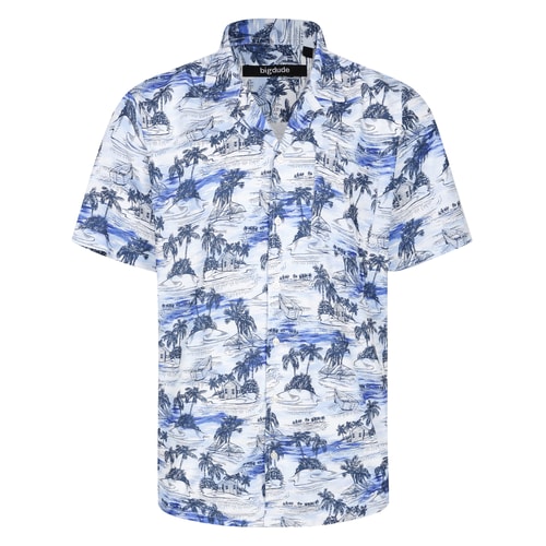 Front view of blue short sleeve shirt with palm tree print.