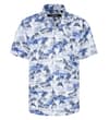 Thumbnail Front view of blue short sleeve shirt with palm tree print.