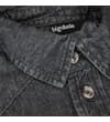 Thumbnail Close-up of collar and top button on charcoal denim shirt.