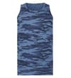 Front view of navy camo tank top with crew neck.