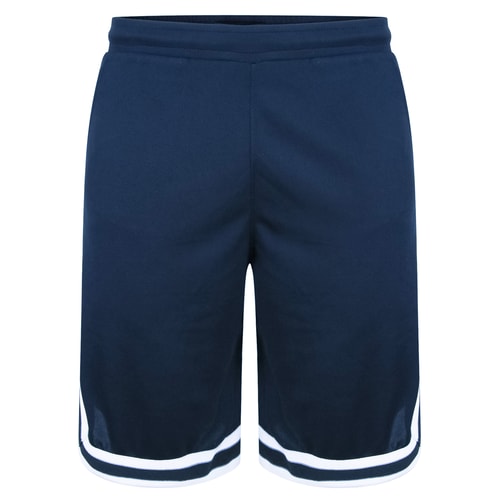 Navy performance shorts with striped hem, alternate front view.
