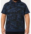 Thumbnail Model wearing navy camo short sleeve hoodie, front view.