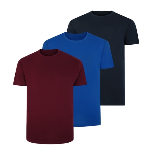 Three plain crew neck T-shirts in navy, burgundy and blue.