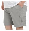 Thumbnail Model wearing grey cargo shorts, front view.