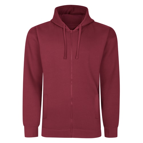 Front view of burgundy full zip hoody with drawstrings.