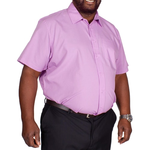 Violet short sleeve shirt worn, front angled view.