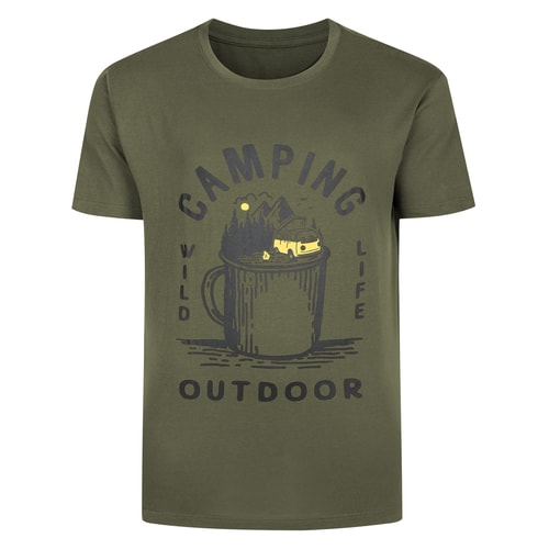 Dark khaki T-shirt with large camping graphic on front.