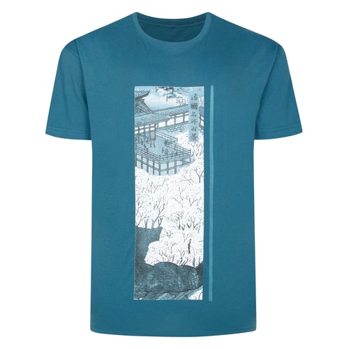 Petrol blue T-shirt with vertical Japanese scenic print.