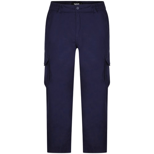 Navy cargo pants, full front view.