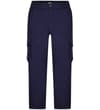Navy cargo pants, full front view.