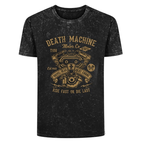 Front view of the washed black Death Machine print T-shirt.