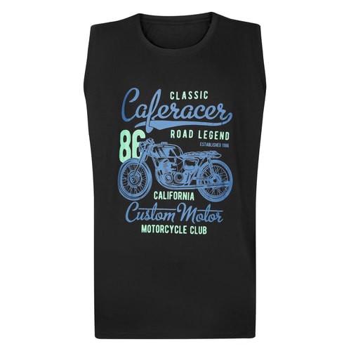 Black sleeveless T-shirt with motorcycle graphic front.