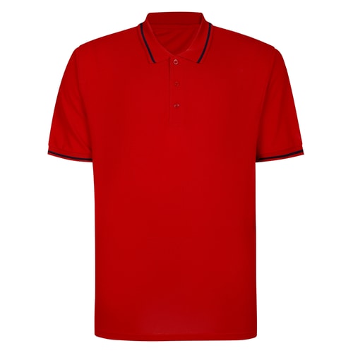 Pepper red polo shirt with tipped collar, front view.