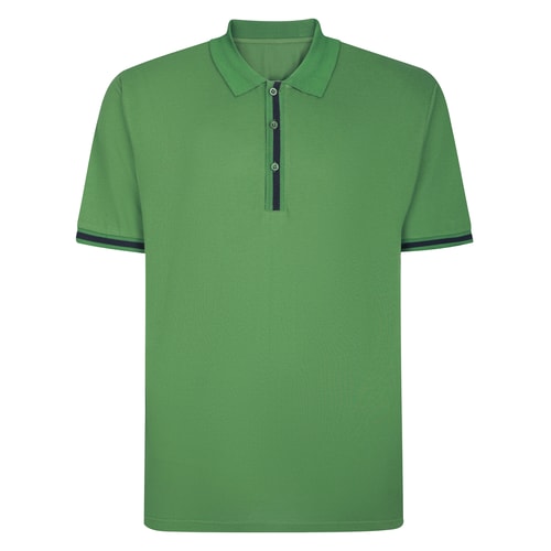 Front view of deep green polo shirt with striped placket.