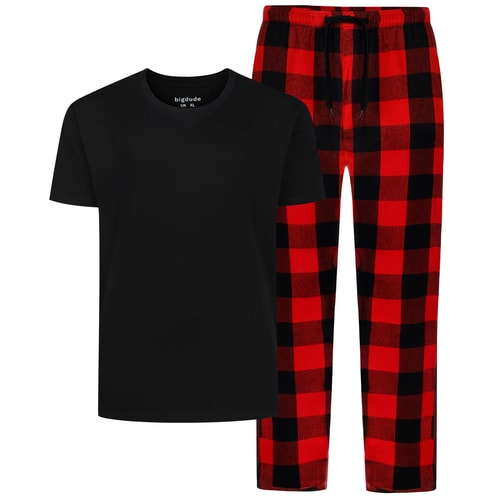 Black crew neck T-shirt with red and black checked PJ bottoms.