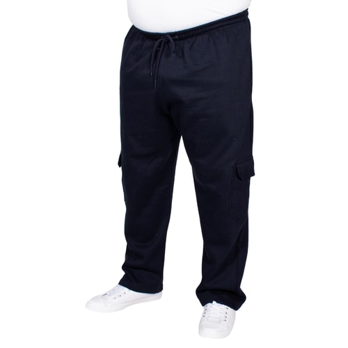 Navy cargo sweatpants worn, angled front view.