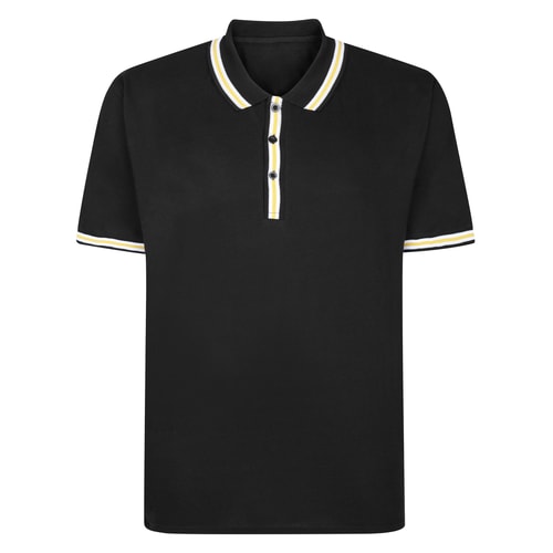 Black polo shirt with white and yellow tipped collar, front view.