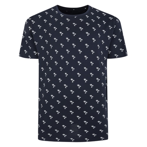 Front view of navy T-shirt with white palm tree print.