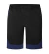 Thumbnail Black gym shorts with navy hem panels, alternate front view.