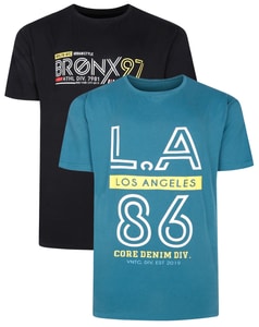 Bigdude Twin Pack LA and Bronx Print T-Shirt Petrol/Black Tall