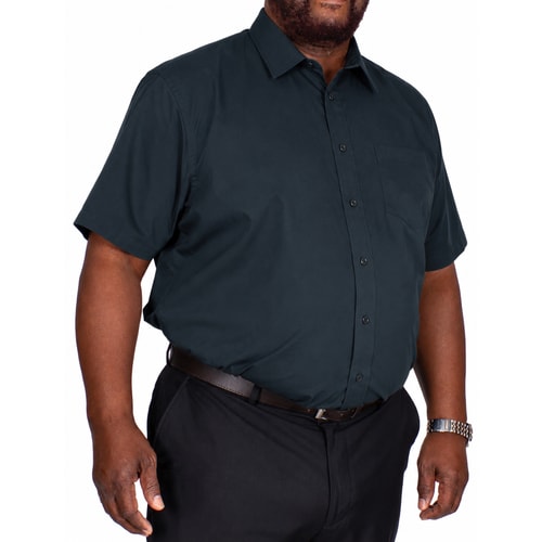 Navy short sleeve shirt shown worn with dark trousers.