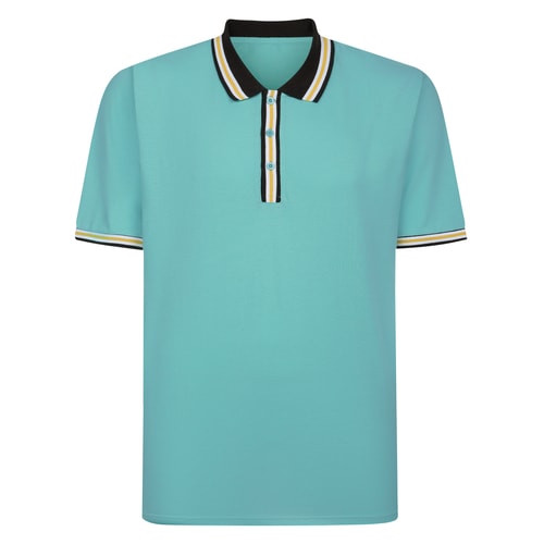 Front view of turquoise polo shirt with striped collar and placket.