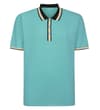 Front view of turquoise polo shirt with striped collar and placket.