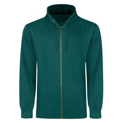 Green full zip hoodie with drawstring hood, front view.