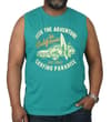 Thumbnail Teal sleeveless T-shirt with surfing graphic, worn front view.