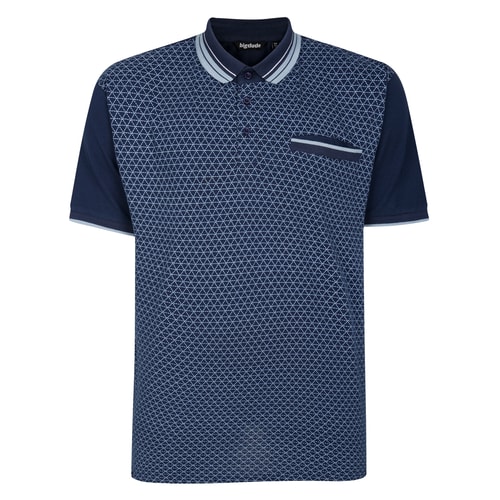 Front view of navy geometric print colour block polo shirt.