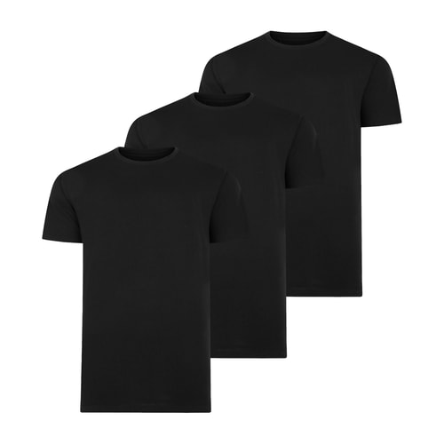 Three black plain crew neck T-shirts, pack shot.