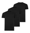 Three black plain crew neck T-shirts, pack shot.