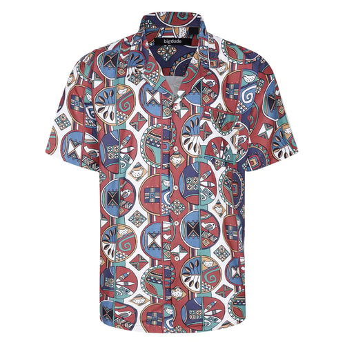 Front view of burgundy short sleeve shirt with geometric print.