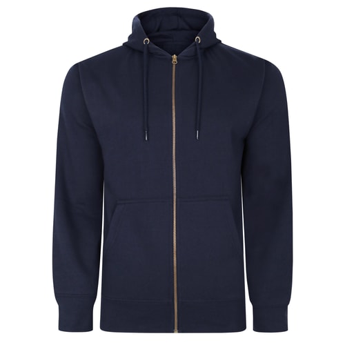 Navy full zip hooded sweatshirt, front view.