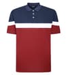 Front view of colour block polo shirt with three-button placket.