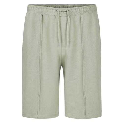 Olive pleated jogger shorts front view.