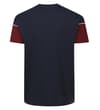 Thumbnail Back view of navy T-shirt with burgundy short sleeves.