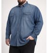 Thumbnail Mid-wash denim shirt worn on model, angled front view.