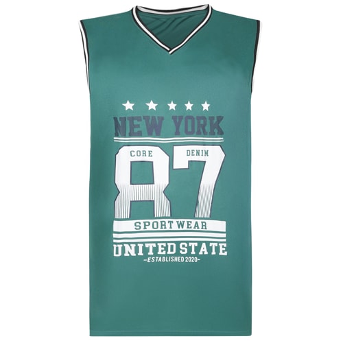 Teal sleeveless basketball shirt with large front print.