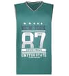 Teal sleeveless basketball shirt with large front print.