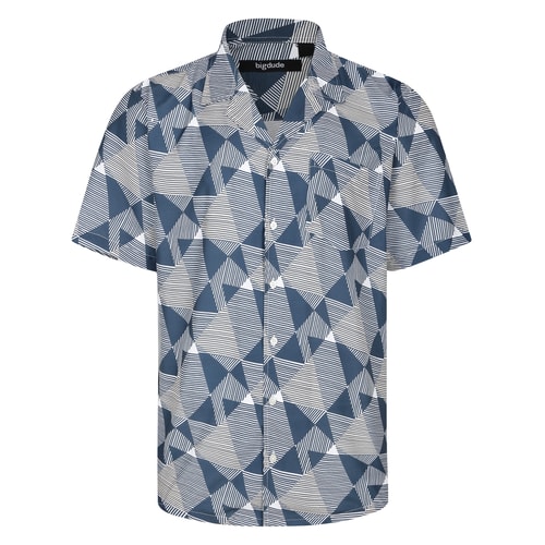 Front view of teal geometric short sleeve shirt with pocket.
