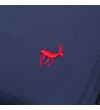 Thumbnail Close-up of red embroidered logo on navy swim shorts.
