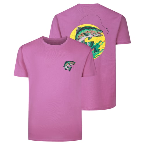 Front and back view of dusted grape fish print T-shirt.