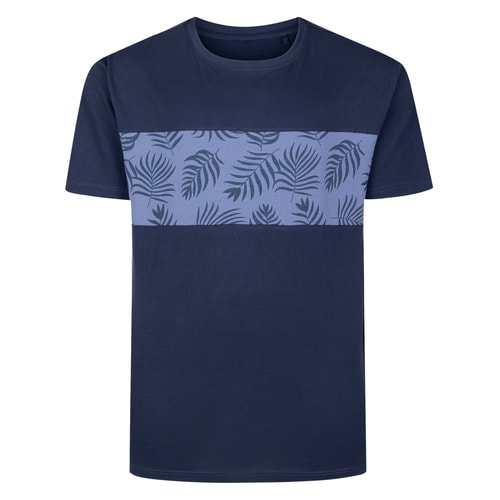 Front view of navy T-shirt with leaf print chest panel.