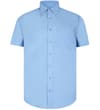Thumbnail Light blue short sleeve button-up shirt, front view.