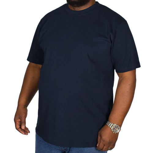 Navy crew neck T-shirt shown on model, angled front view.