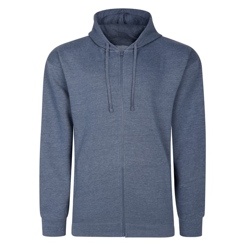 Front view of dark denim full zip hoody with drawstrings.