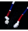 Thumbnail Close-up of white drawstring ends with red and blue tips.