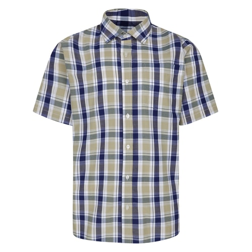 Cream check short sleeve button-up shirt, front view.
