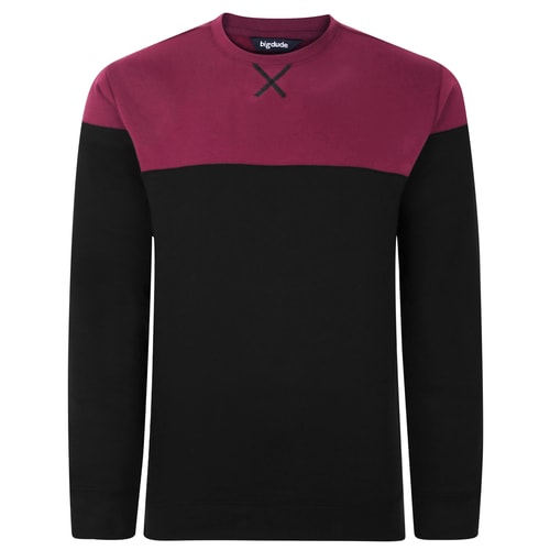 Black and burgundy colour block crew neck sweatshirt, front view.